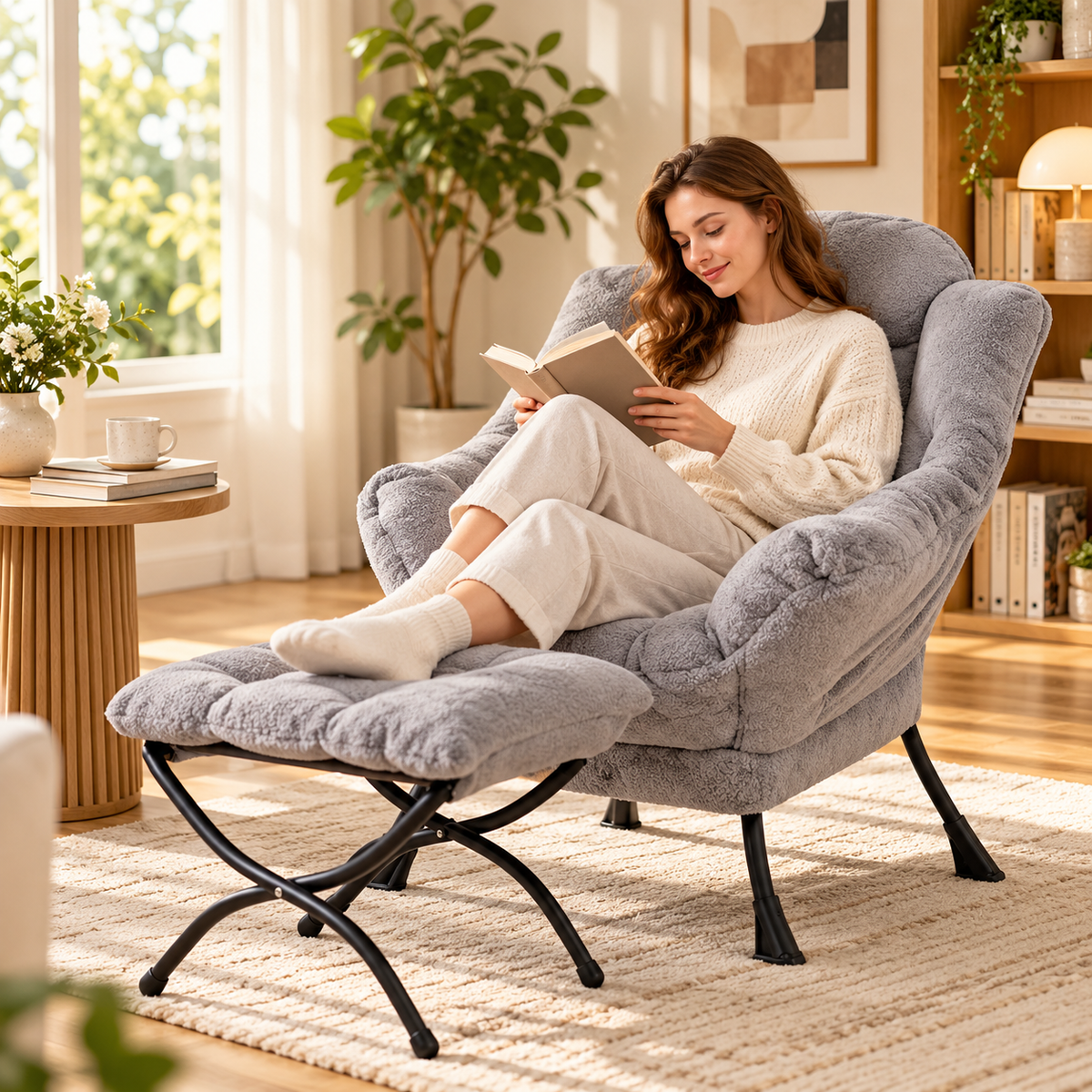 Woman reading on a light gray fuzzy plush lounge chair with feet on a matching ottoman beside a wood side table and plants in a sunny room by HavvakHome.