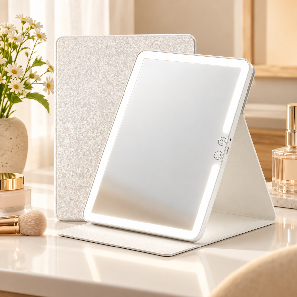 White portable LED makeup mirror illuminated and angled on a folding stand with a closed cover behind, daisies, makeup brush, and perfume on a white vanity by HavvakHome.