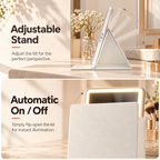 Two-panel feature infographic of white travel LED mirror showing side view with tilt arrows labeled Adjustable Stand and opening cover with Automatic On/Off label by HavvakHome.