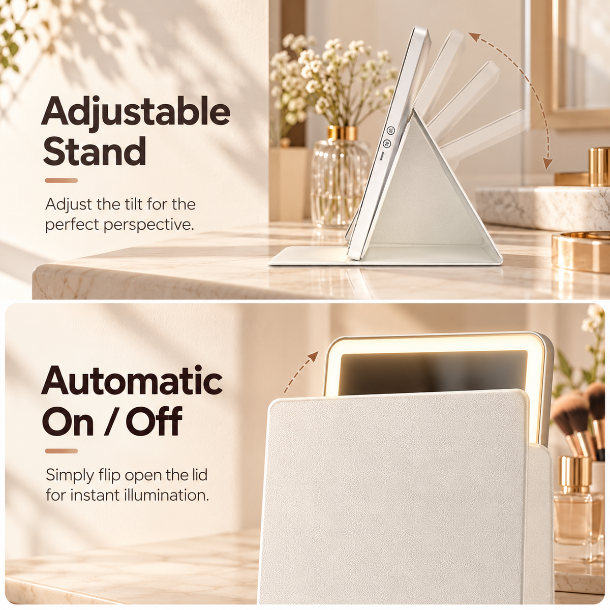Two-panel feature infographic of white travel LED mirror showing side view with tilt arrows labeled Adjustable Stand and opening cover with Automatic On/Off label by HavvakHome.
