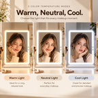 Three-panel LED makeup mirror light comparison showing a woman reflected under warm, neutral, and cool light modes with labels for each mode by HavvakHome.