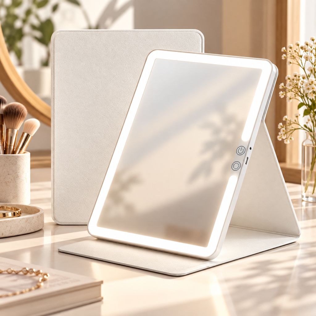 White rectangular portable LED makeup mirror illuminated on a folding stand on a vanity with a closed white cover behind, brushes, and flowers nearby by HavvakHome.