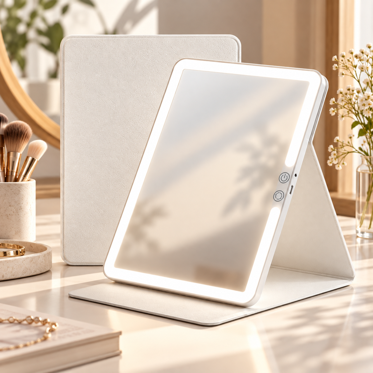 White rectangular portable LED makeup mirror illuminated on a folding stand on a vanity with a closed white cover behind, brushes, and flowers nearby by HavvakHome.