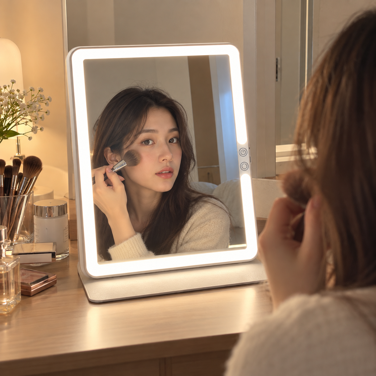 Woman applying makeup with a brush reflected in an illuminated white rectangular LED travel mirror on a wooden vanity with cosmetics by HavvakHome.