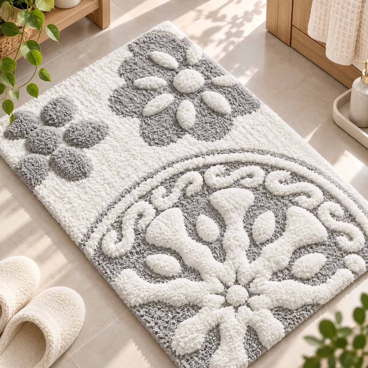 Rectangular ivory and gray bath rug with a large flower and partial circular floral pattern beside white slippers on a beige bathroom floor by HavvakHome.