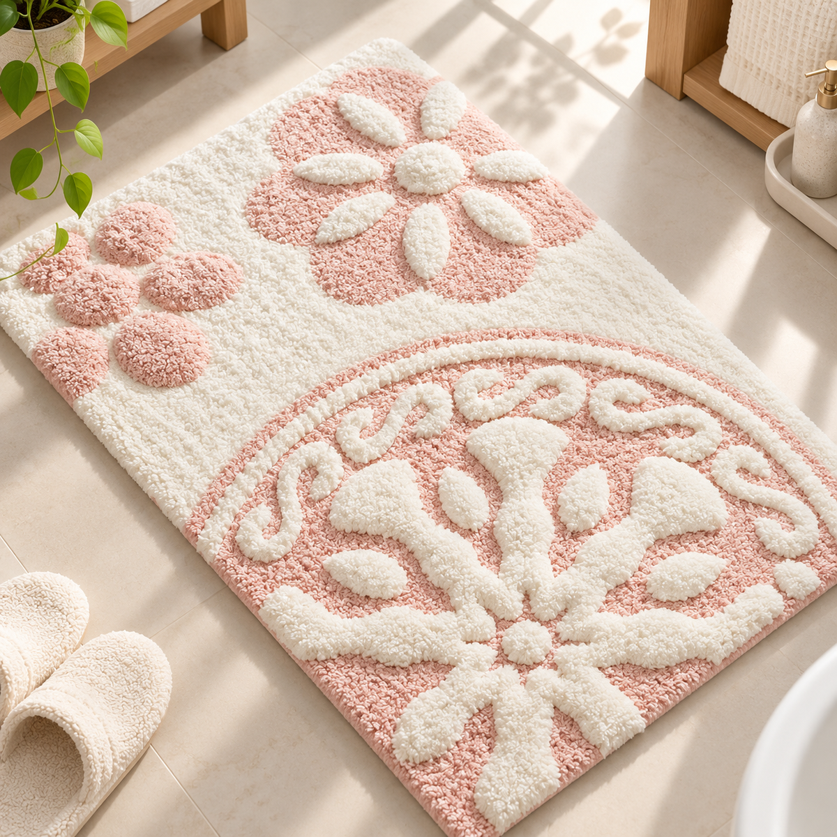 Rectangular ivory and pink bath rug with a large flower and partial circular floral pattern beside white slippers on a beige bathroom floor by HavvakHome.