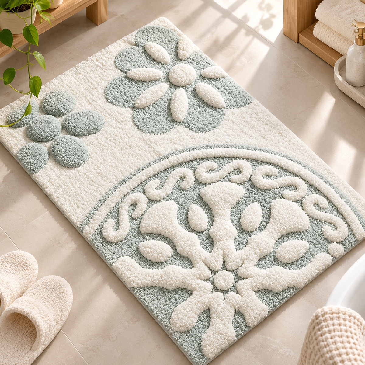 Rectangular ivory and sage green bath rug with a large flower and partial circular floral pattern beside white slippers on a beige bathroom floor by HavvakHome.