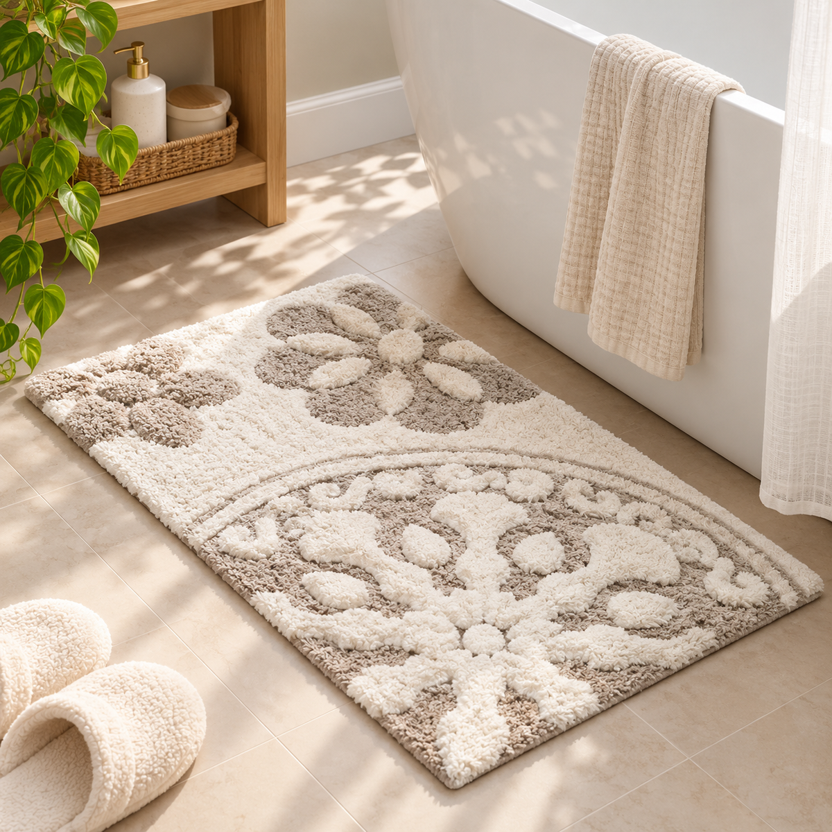 Rectangular ivory and taupe floral bath rug beside a white bathtub with a cream towel, slippers, and a wooden shelf with a plant by HavvakHome.