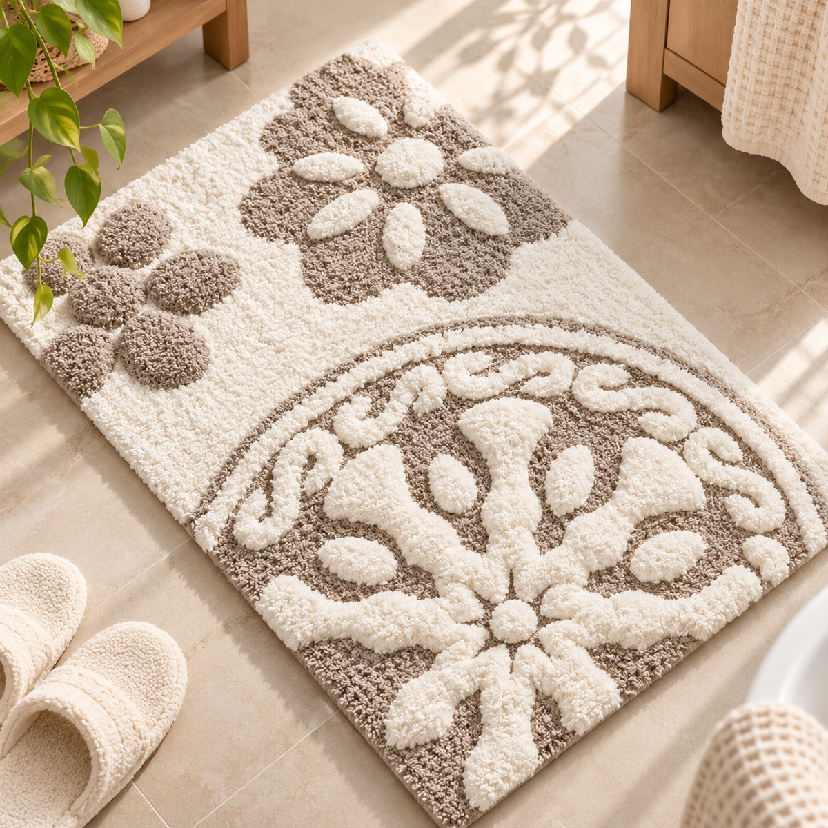 Rectangular ivory and taupe bath rug with a large flower and partial circular floral pattern beside white slippers on a beige bathroom floor by HavvakHome.
