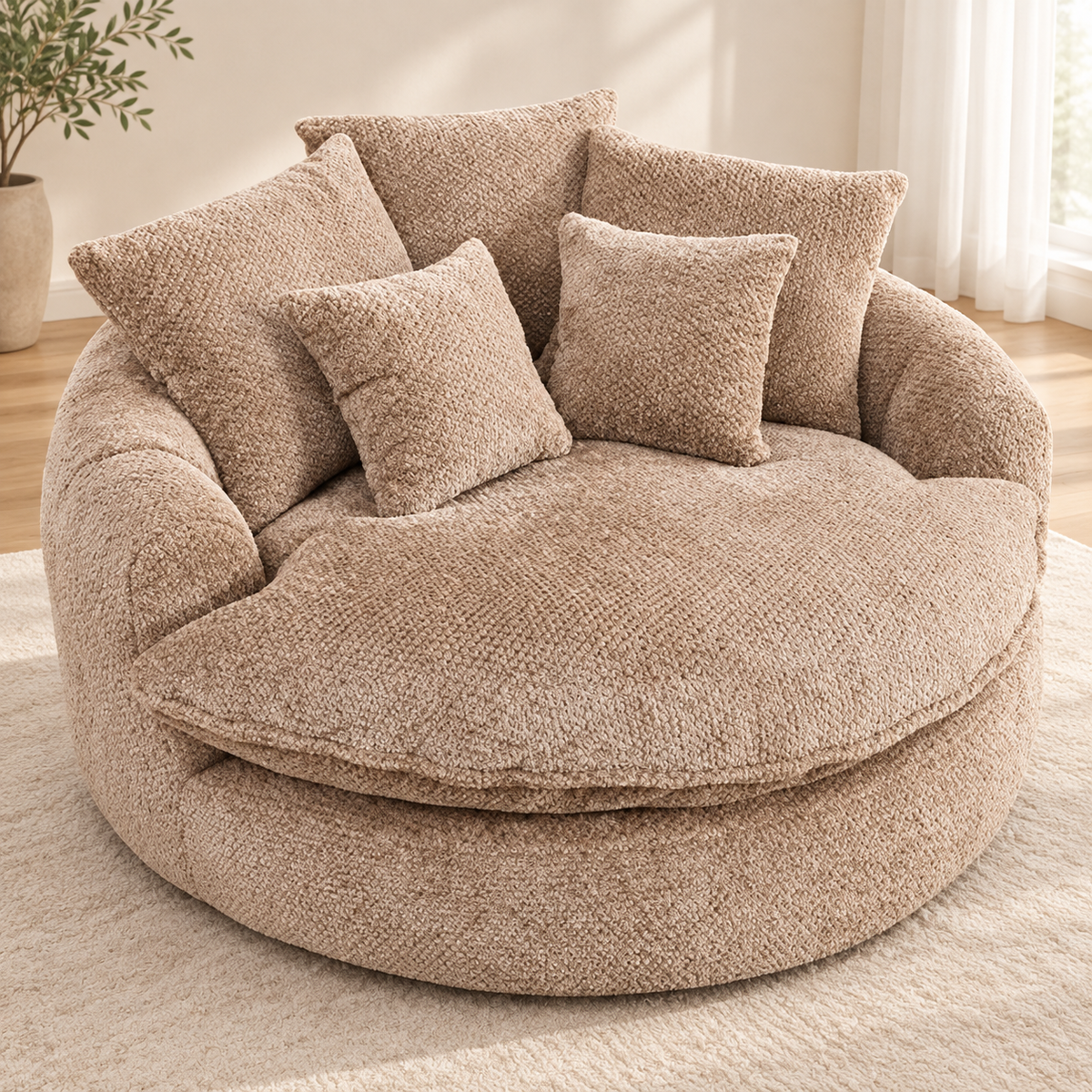 Beige round boucle cuddle chair with five matching pillows and rounded arms in a sunlit room by HavvakHome.
