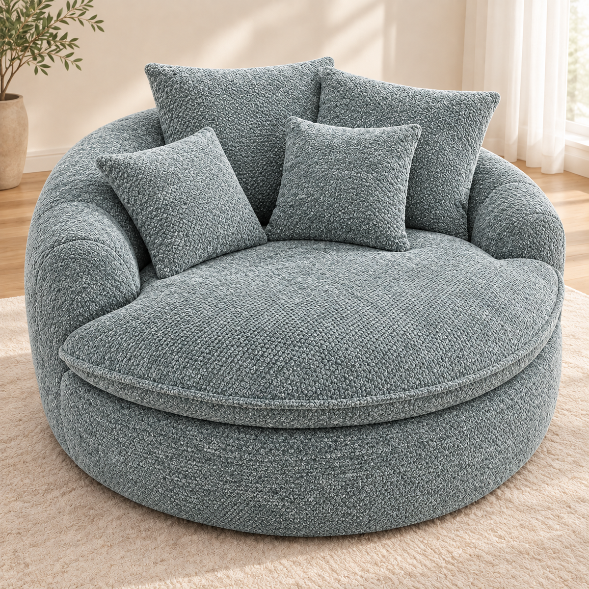 Blue-gray round boucle cuddle chair with four matching pillows, rounded arms, and a thick round seat cushion by HavvakHome.