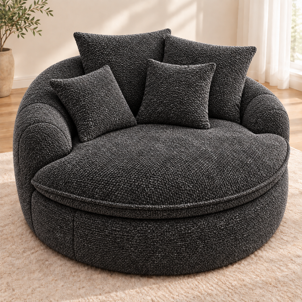Charcoal gray round boucle cuddle chair with four matching pillows, rounded arms, and a round seat cushion by HavvakHome.