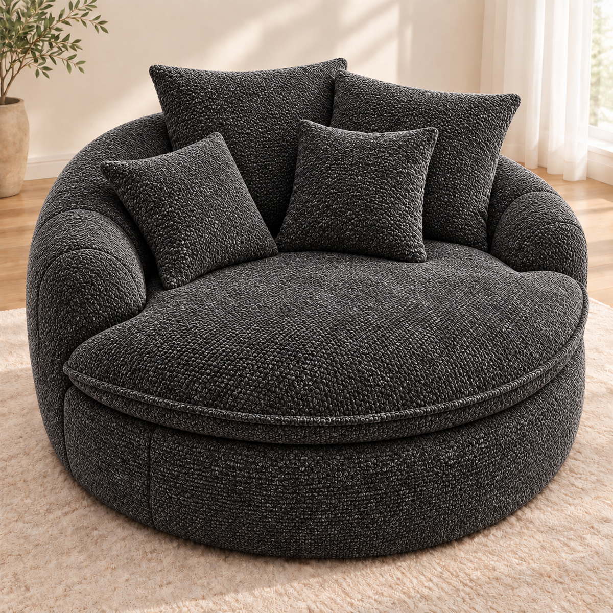 Charcoal gray round boucle cuddle chair with four matching pillows, rounded arms, and a round seat cushion by HavvakHome.