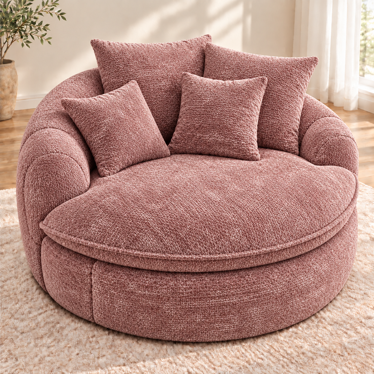 Dusty rose round boucle cuddle chair with four matching throw pillows and a round seat cushion by HavvakHome.