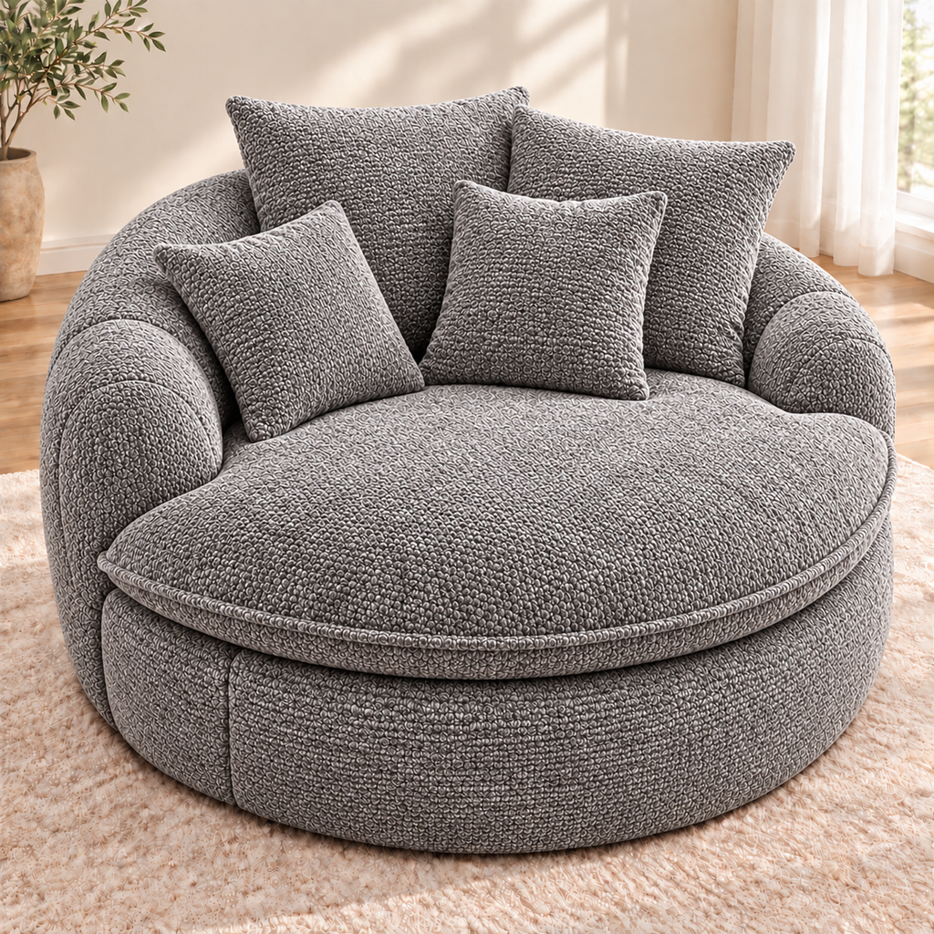 Gray oversized round boucle cuddle chair with four matching pillows, rounded arms, and a round seat cushion in a bright room by HavvakHome.