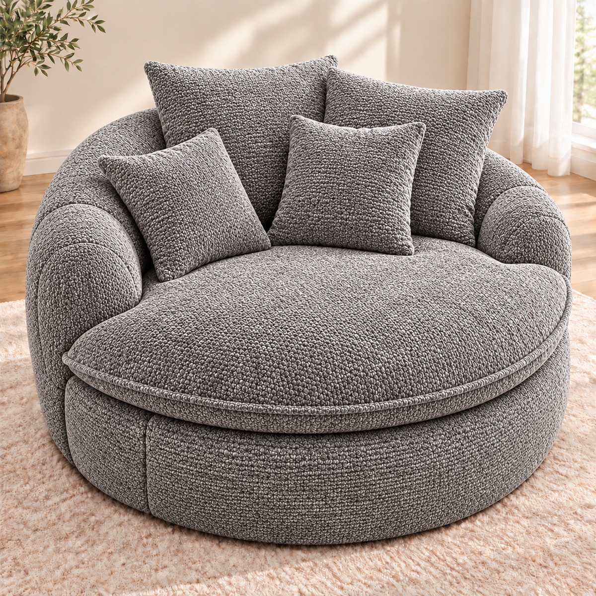 Gray oversized round boucle cuddle chair with four matching pillows, rounded arms, and a round seat cushion in a bright room by HavvakHome.
