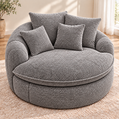 Oversized Round Boucle Cuddle Chair with Throw Pillows