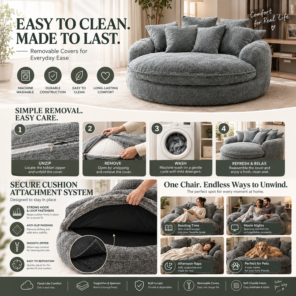 Gray round chair care infographic showing zipper, cover removal, washing-machine panel, cushion underside, and lifestyle inset photos by HavvakHome.
