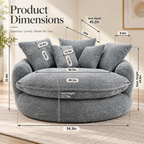 Gray round boucle chair dimensions image showing overall width and height, seat depth, height, width, arm, and pillow measurements with arrows by HavvakHome.