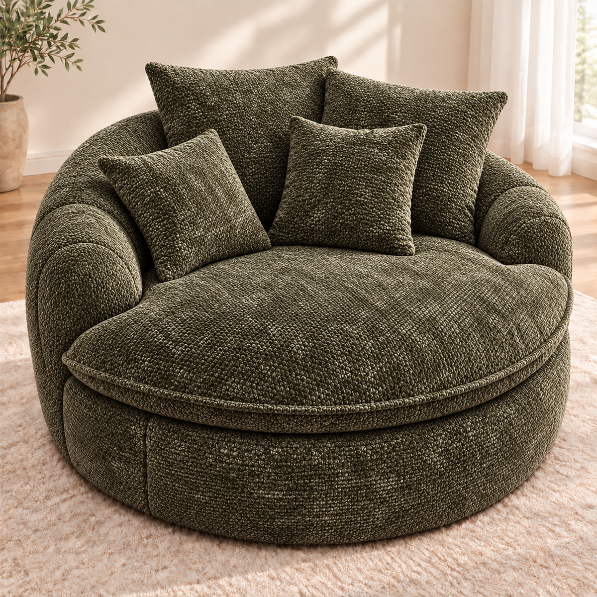 Olive green round boucle cuddle chair with four matching pillows in a bright room by HavvakHome.
