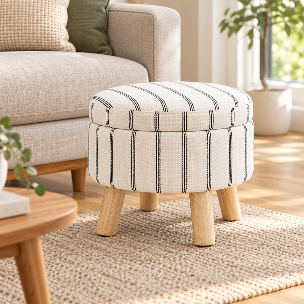 Black and white vertical stripe round storage ottoman with four light wood legs and closed lid on a light oak floor.