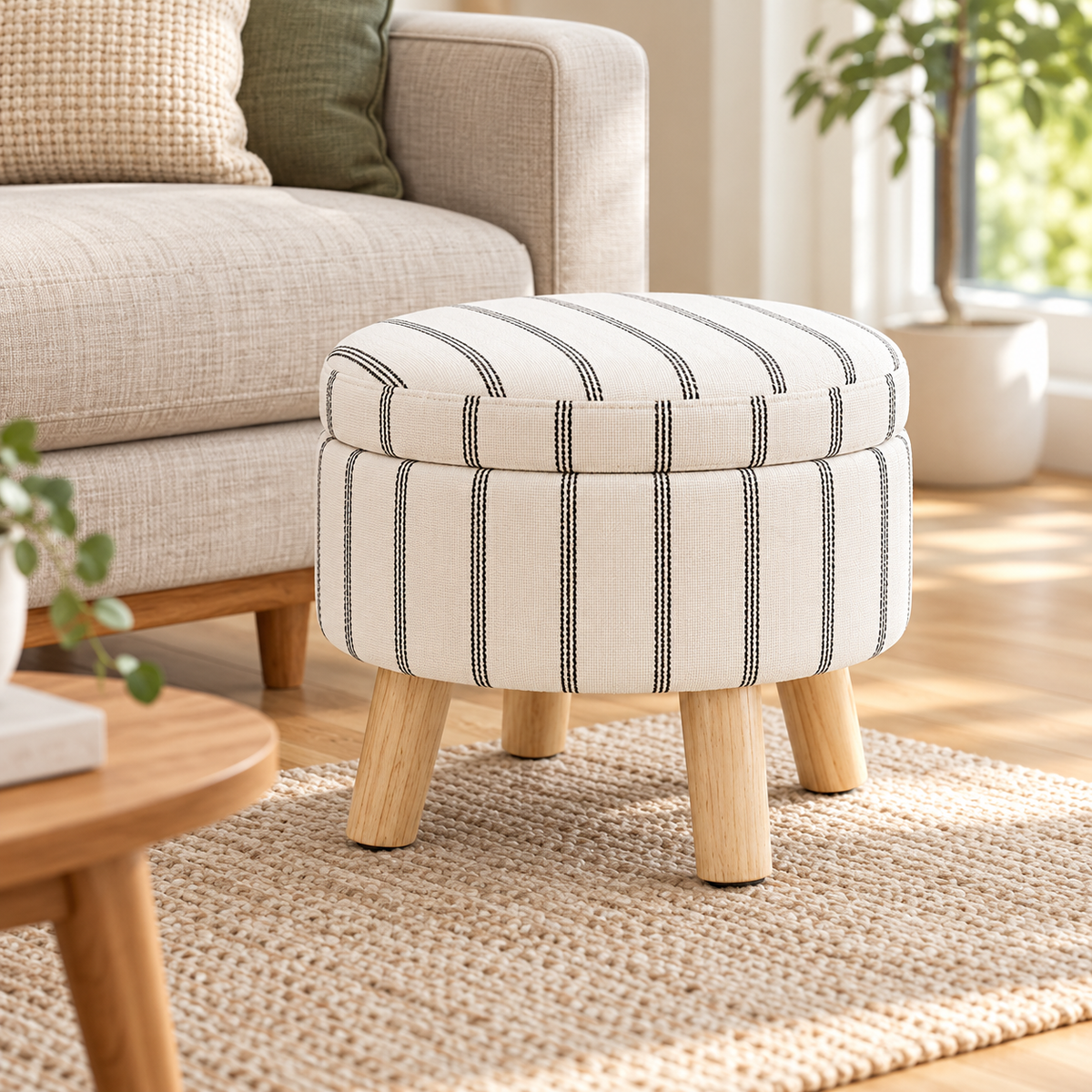 Black and white vertical stripe round storage ottoman with four light wood legs and closed lid on a light oak floor.