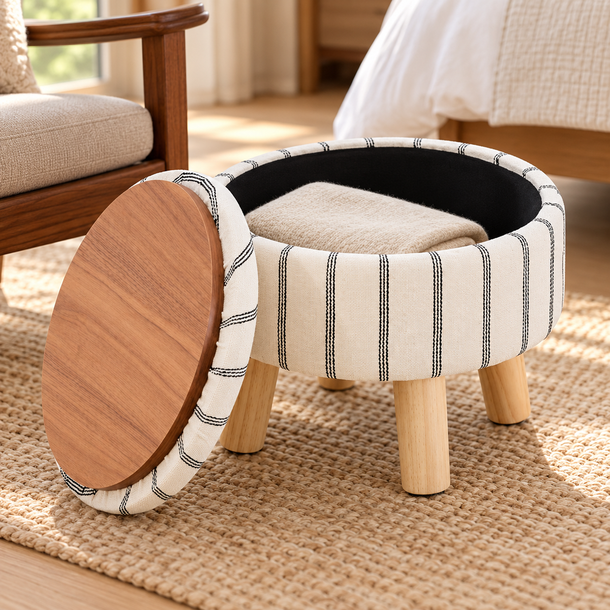 Black and white striped ottoman with lid unsealed leaning aside, showing wood-grain tray back and black storage interior on a bedroom rug.