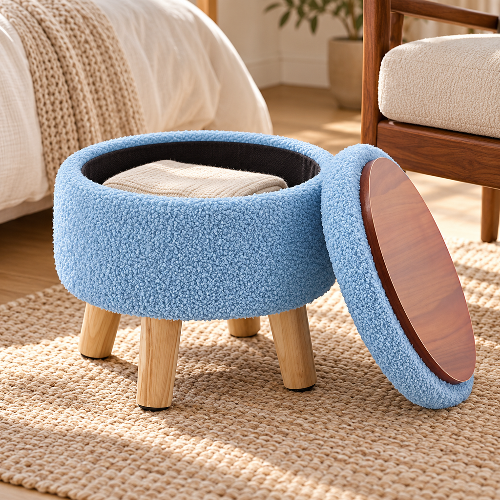 Blue round storage ottoman with lid set aside showing wood-grain underside and black storage interior with folded cloth.