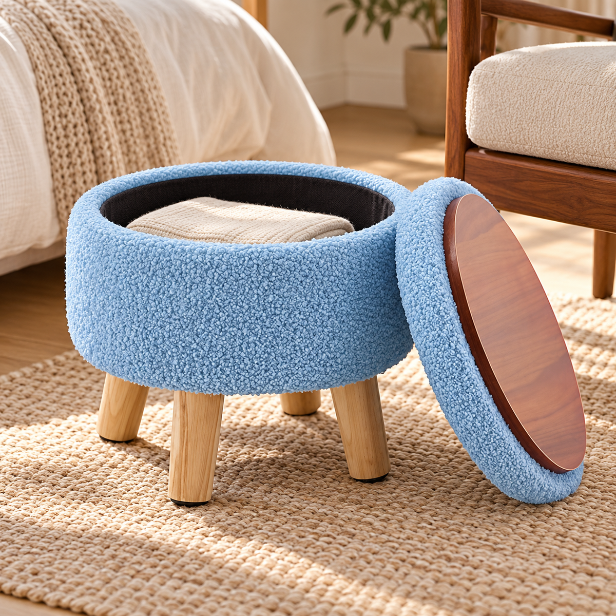 Blue round storage ottoman with lid set aside showing wood-grain underside and black storage interior with folded cloth.