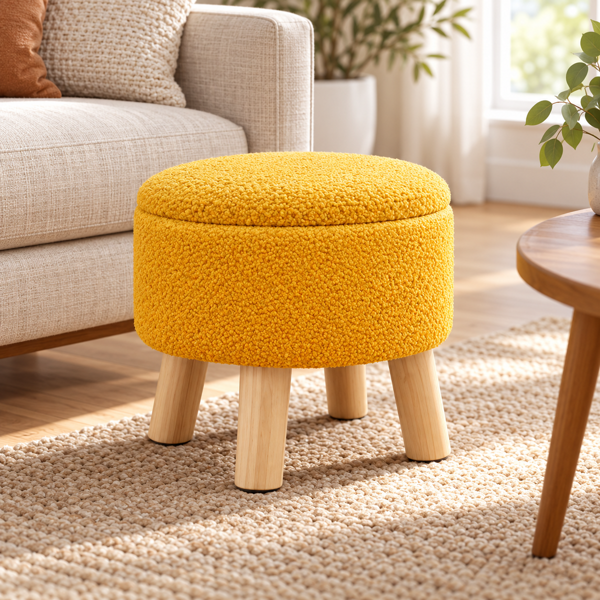 Brilliant yellow nubby fleece round storage ottoman with four light wood legs and closed lid on an oak floor.