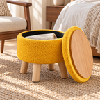 Brilliant yellow round ottoman with lid unsealed to display wood-grain underside and interior storage compartment.