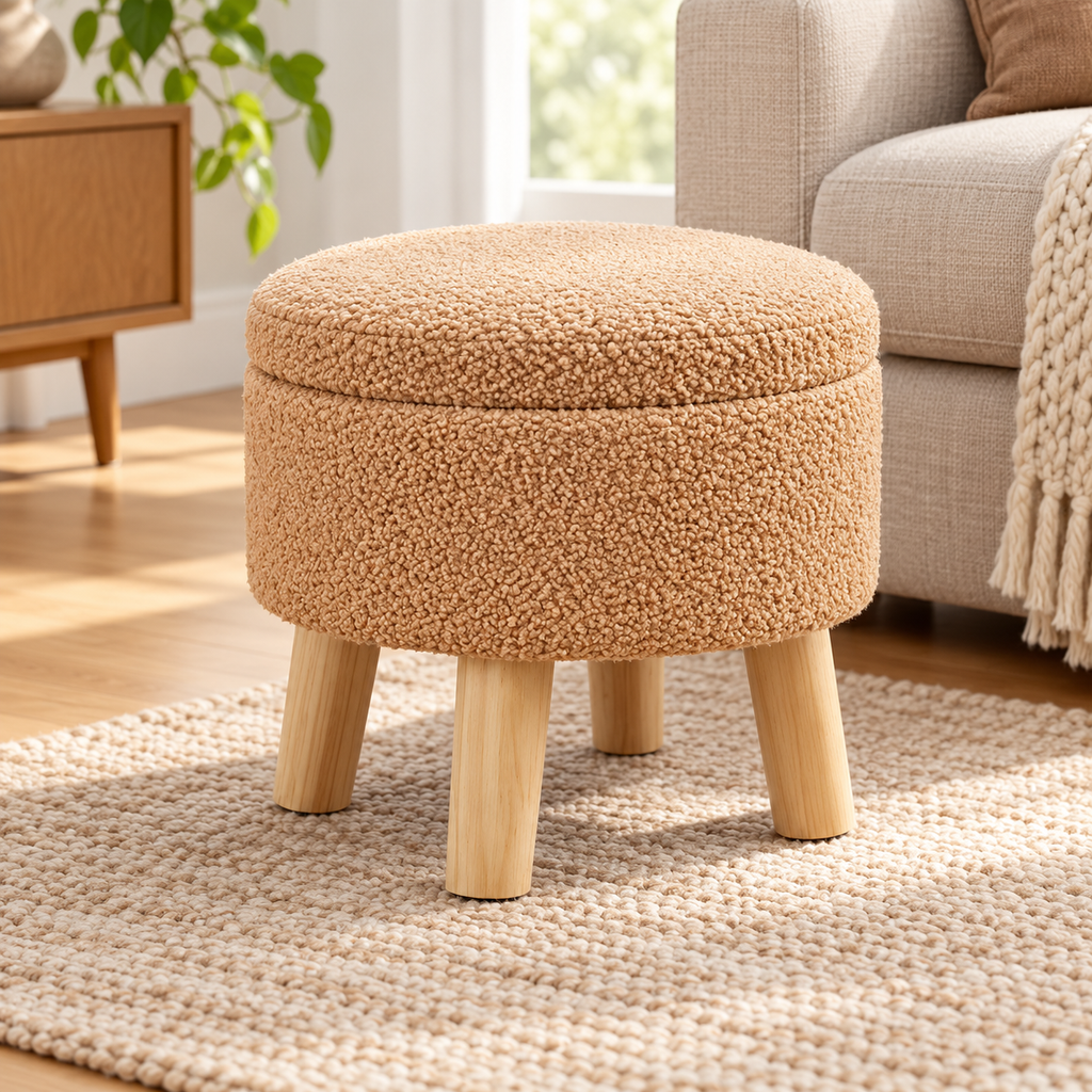 Champagne nubby fleece round storage ottoman with four light wood legs and closed lid beside an oatmeal sofa.
