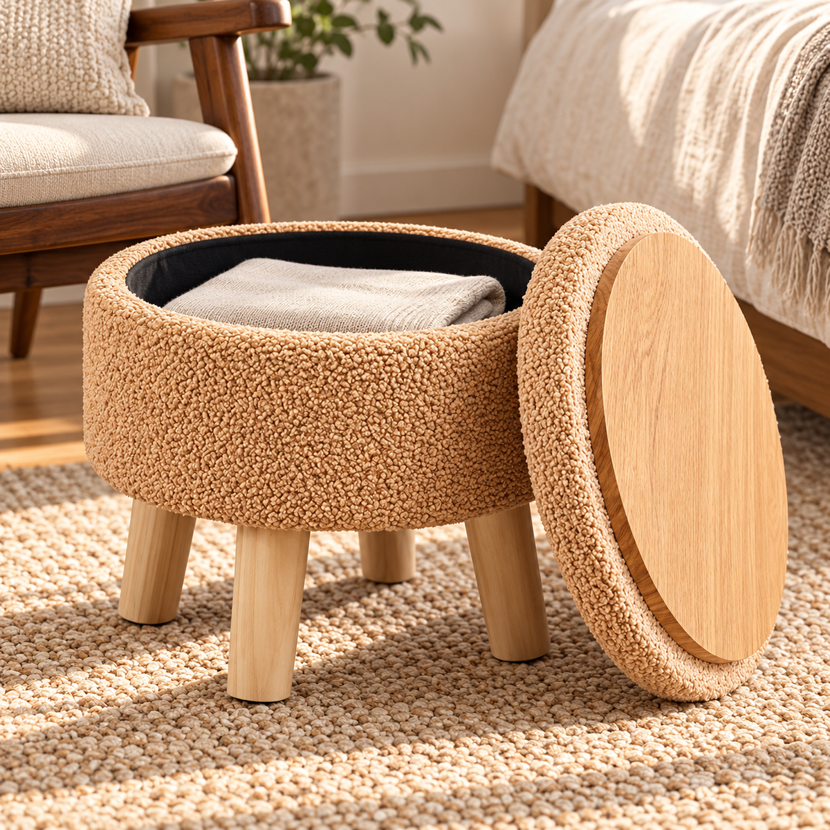 Champagne round storage ottoman with lid leaning aside revealing wood-grain tray back and black interior storage.