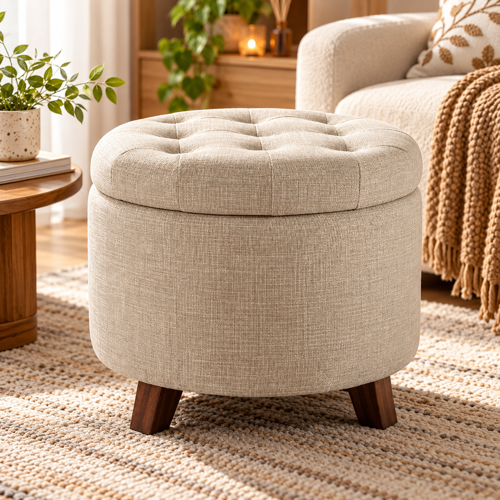 Beige round upholstered storage ottoman with button-tufted lid and short dark wooden legs on a rug beside a cream sofa by HavvakHome.