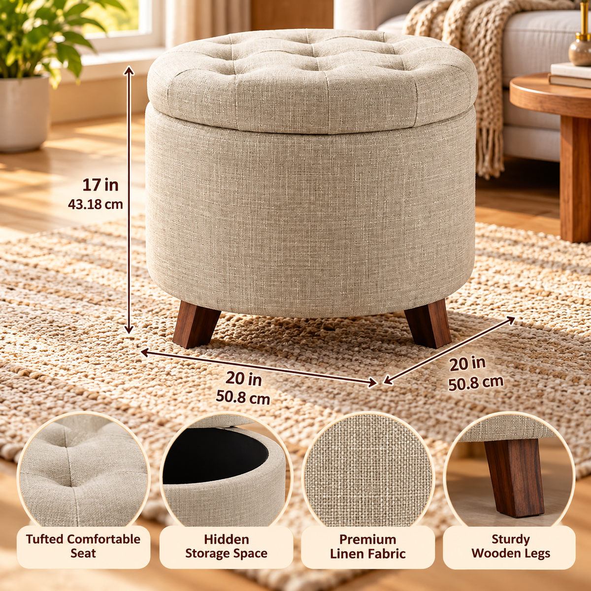 Beige round storage ottoman dimensions infographic labeled 20 inches wide and 17 inches high with detail close-ups of the tufted lid, storage opening, fabric, and wooden leg by HavvakHome.