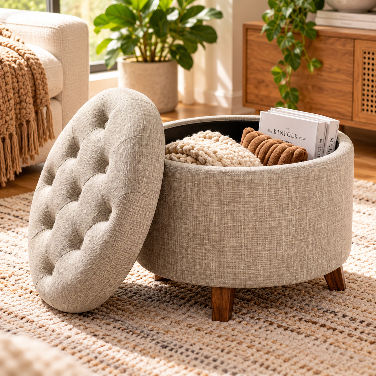 Open beige round storage ottoman with button-tufted lid leaning beside it, showing an interior compartment holding a knitted blanket, brown cushion, and books by HavvakHome.