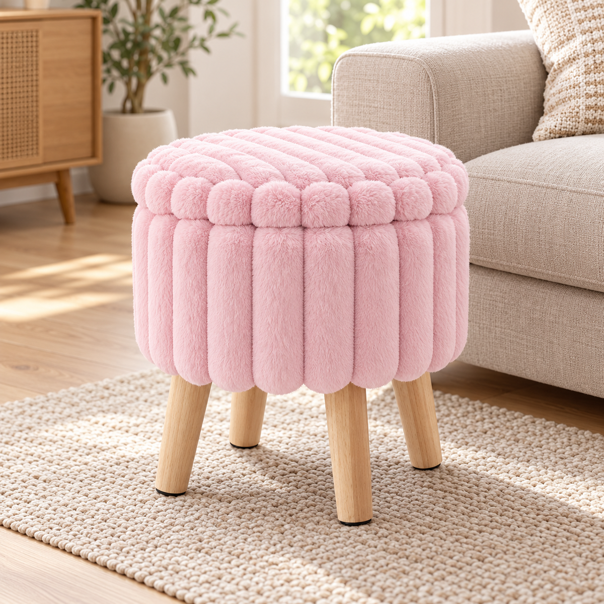 Light pink plush ribbed faux fur round storage ottoman with four light wood legs and closed lid on an oak floor.