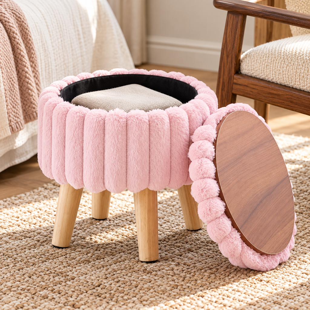 Light pink plush faux fur ottoman with lid removed leaning to show wood-grain underside and black storage interior.