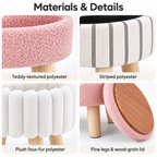 Materials guide showing close-ups of polyester fleece, vertical stripes, plush faux fur, pine legs, and wood-grain lid underside.