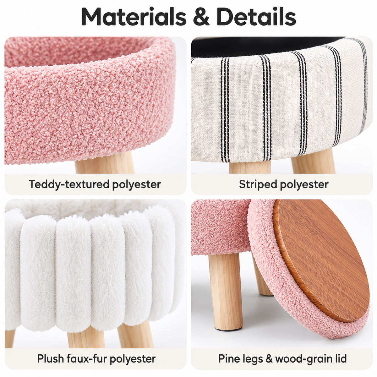 Materials guide showing close-ups of polyester fleece, vertical stripes, plush faux fur, pine legs, and wood-grain lid underside.