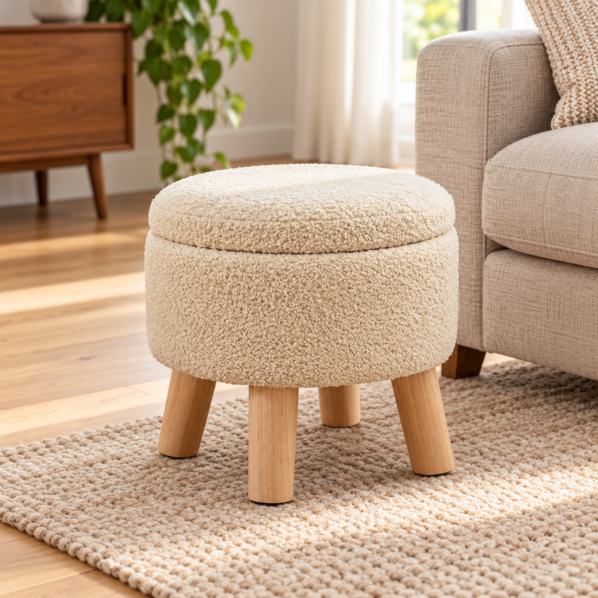 Off-white nubby fleece round storage ottoman with four light wood legs and closed lid beside an oatmeal sofa.