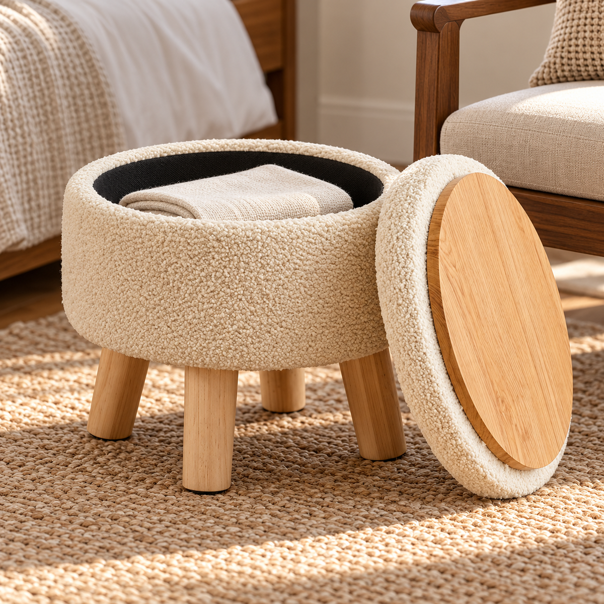 Off-white round storage ottoman with lid unsealed revealing wood-grain tray back and black interior compartment.