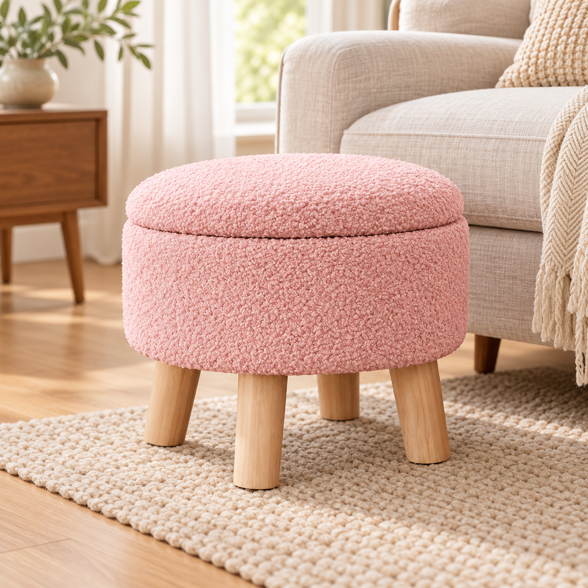 Pink nubby fleece round storage ottoman with four light wood legs and closed lid, resting on a light oak floor beside an oatmeal sofa.