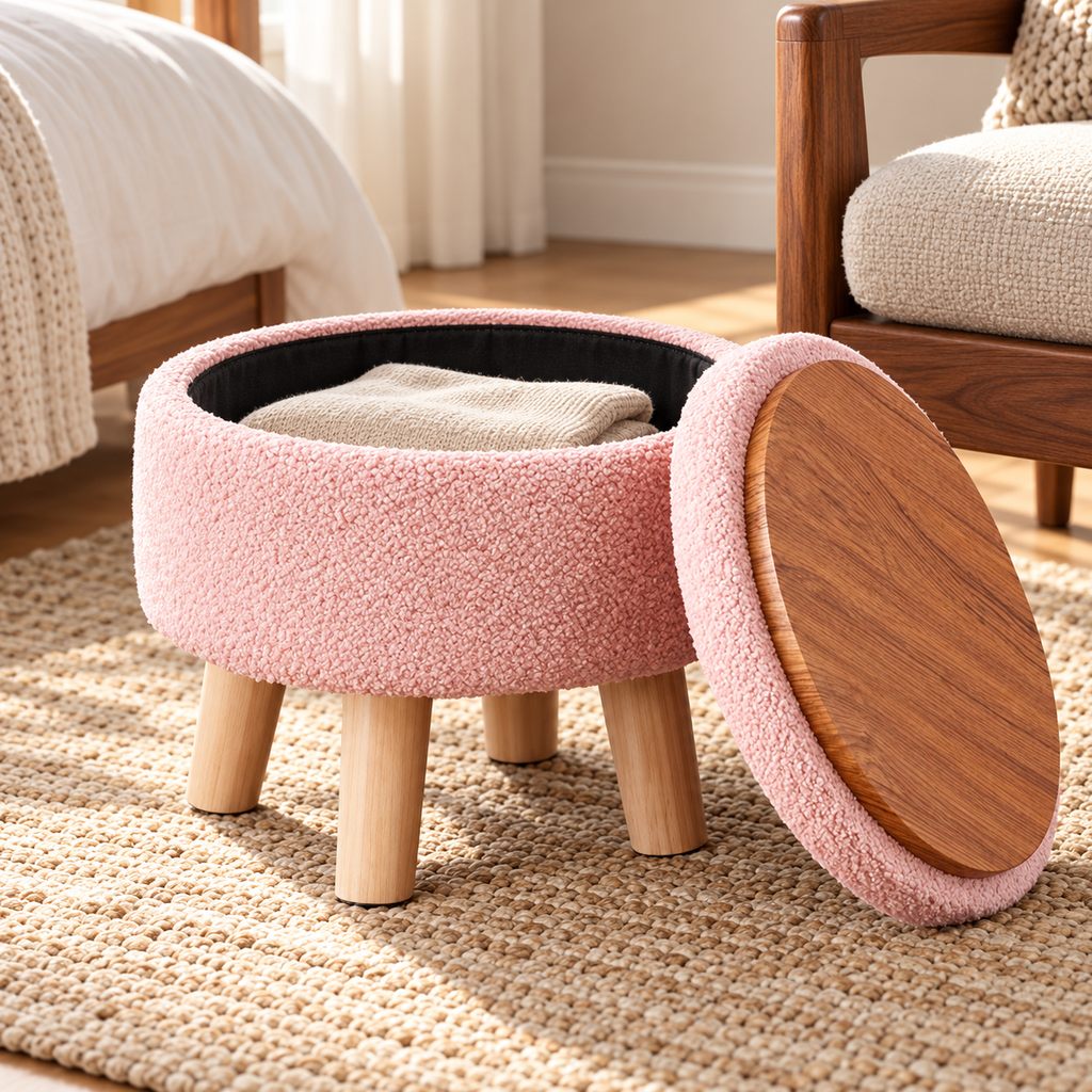 Pink round storage ottoman with lid removed leaning aside to show wood-grain underside and black storage interior with folded cloth.