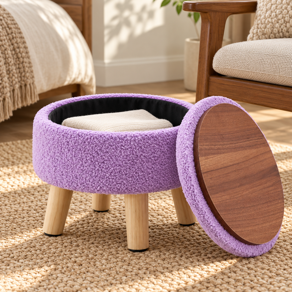 Purple round storage ottoman with lid removed leaning aside showing wood-grain underside and black interior storage.