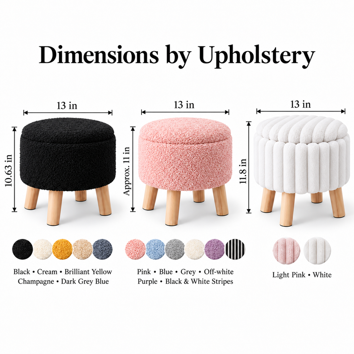 White-background size guide diagram illustrating 13-inch diameter and height variations of 10.63, 11, and 11.8 inches by color.