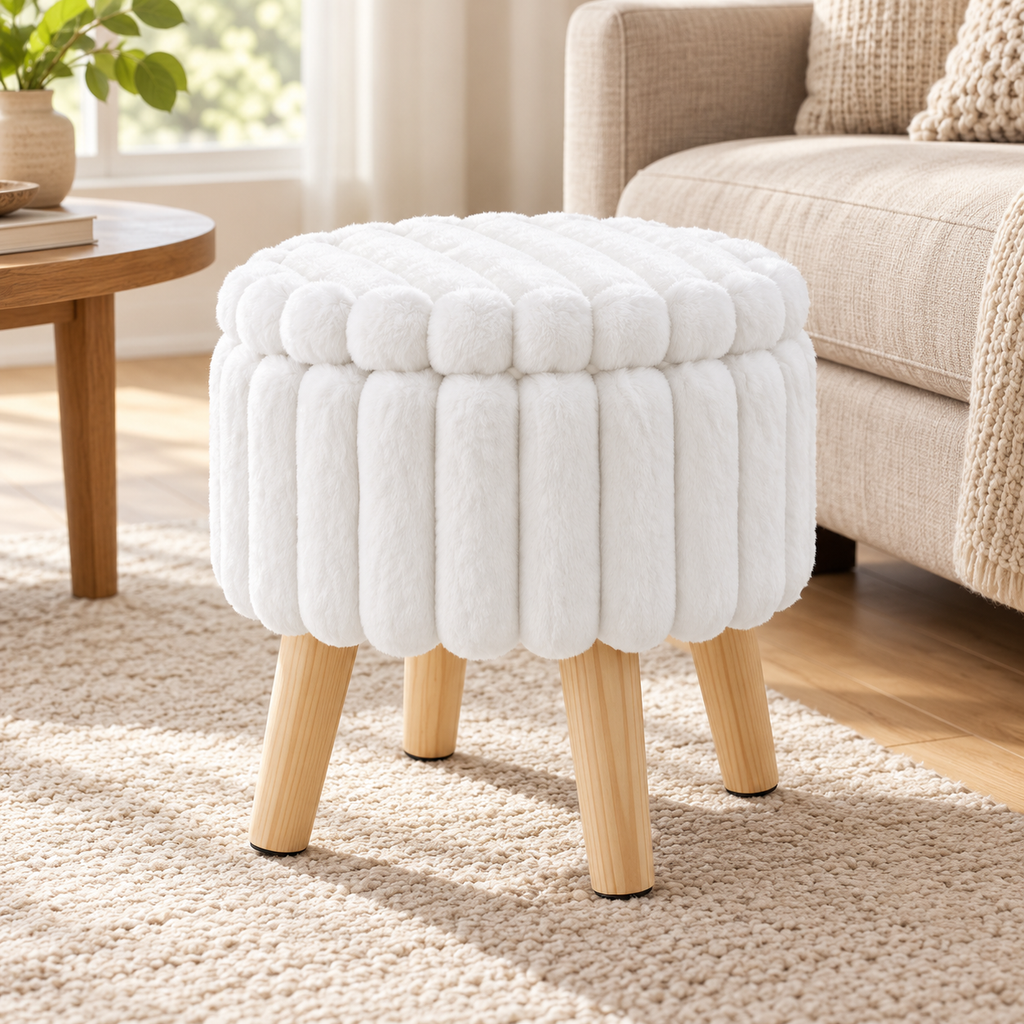 White plush ribbed faux fur round storage ottoman with four light wood legs and closed lid on an oak floor.