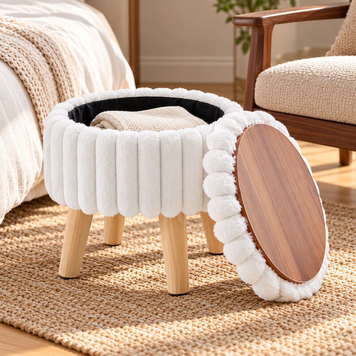 White plush faux fur round ottoman with lid removed leaning to show wood-grain underside and interior storage space.