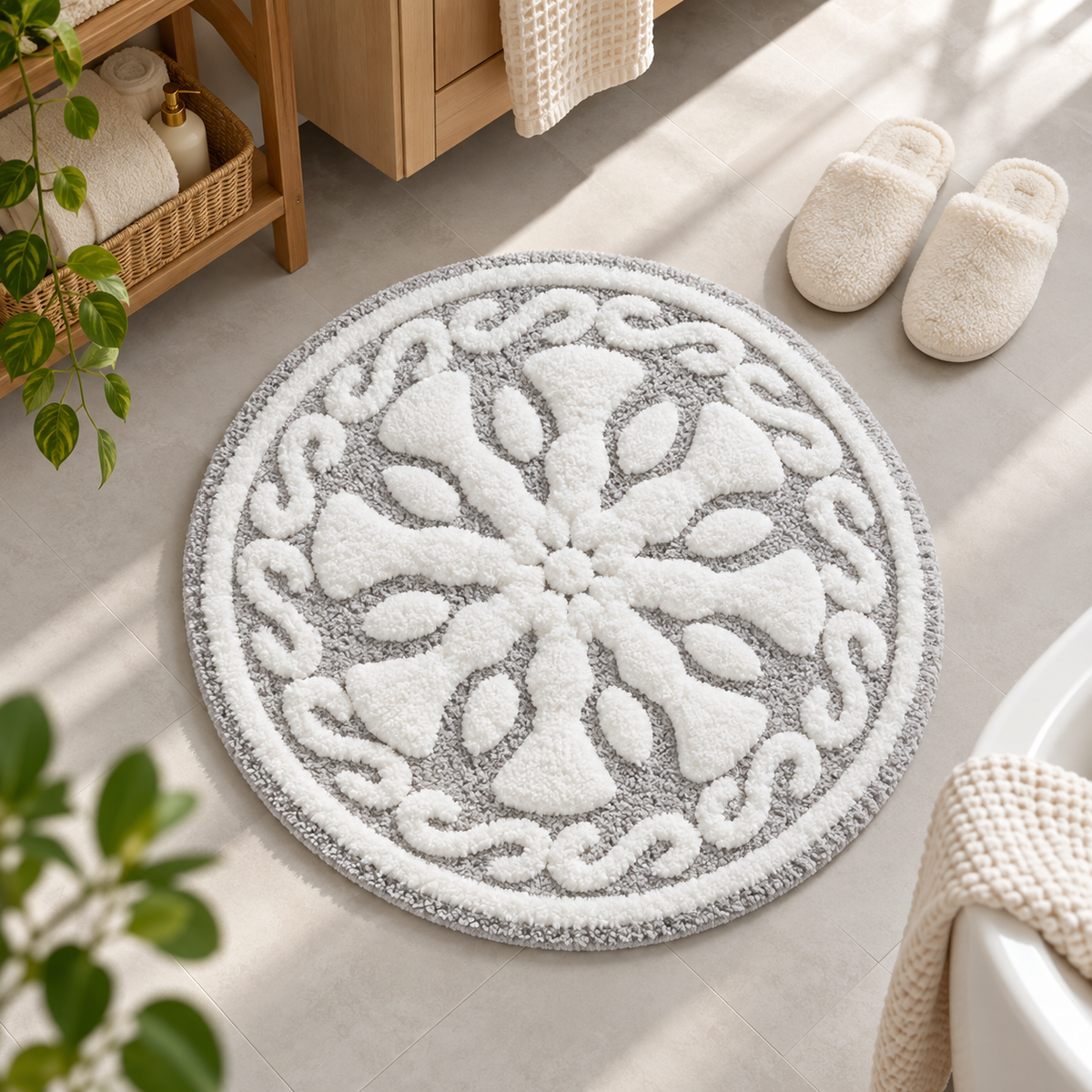 Gray round bath rug with raised white floral center and scroll border on a beige bathroom floor beside white slippers and a wood vanity by HavvakHome.