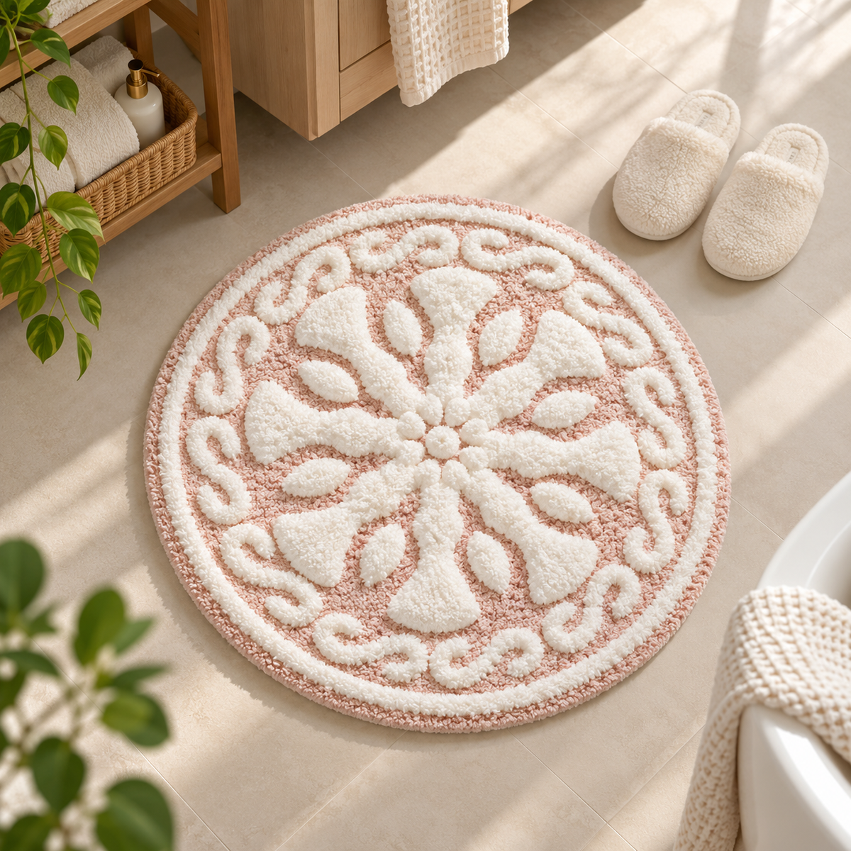 Pink round bath rug with raised ivory floral center and scroll border on a beige bathroom floor beside white slippers and a wood vanity by HavvakHome.